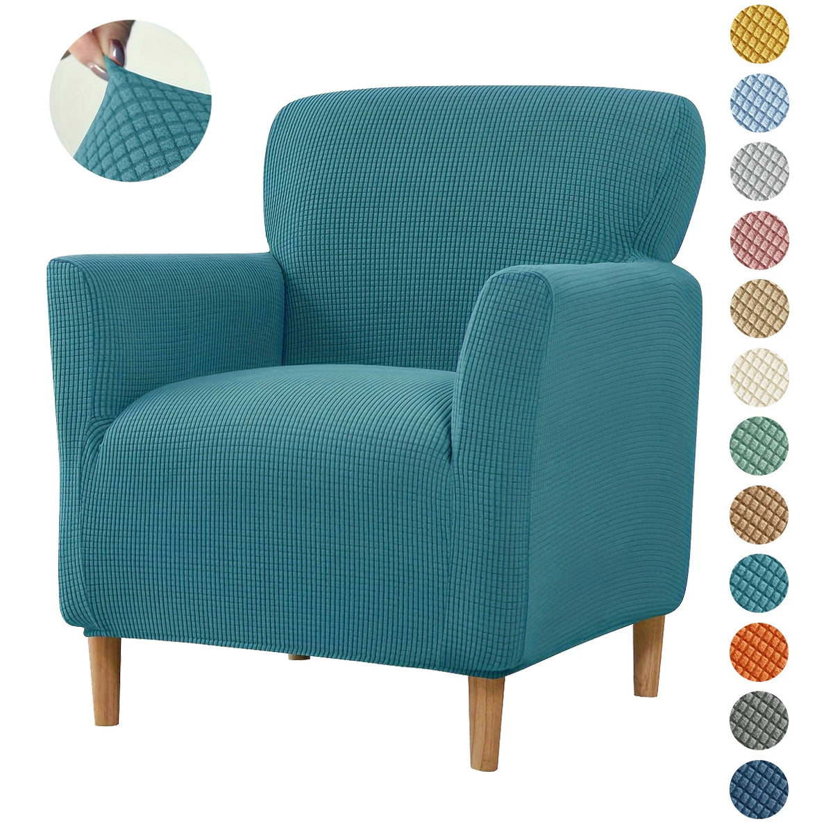 housse fauteuil jacquard carreaux moderne bleu beige gris extensible adhésif