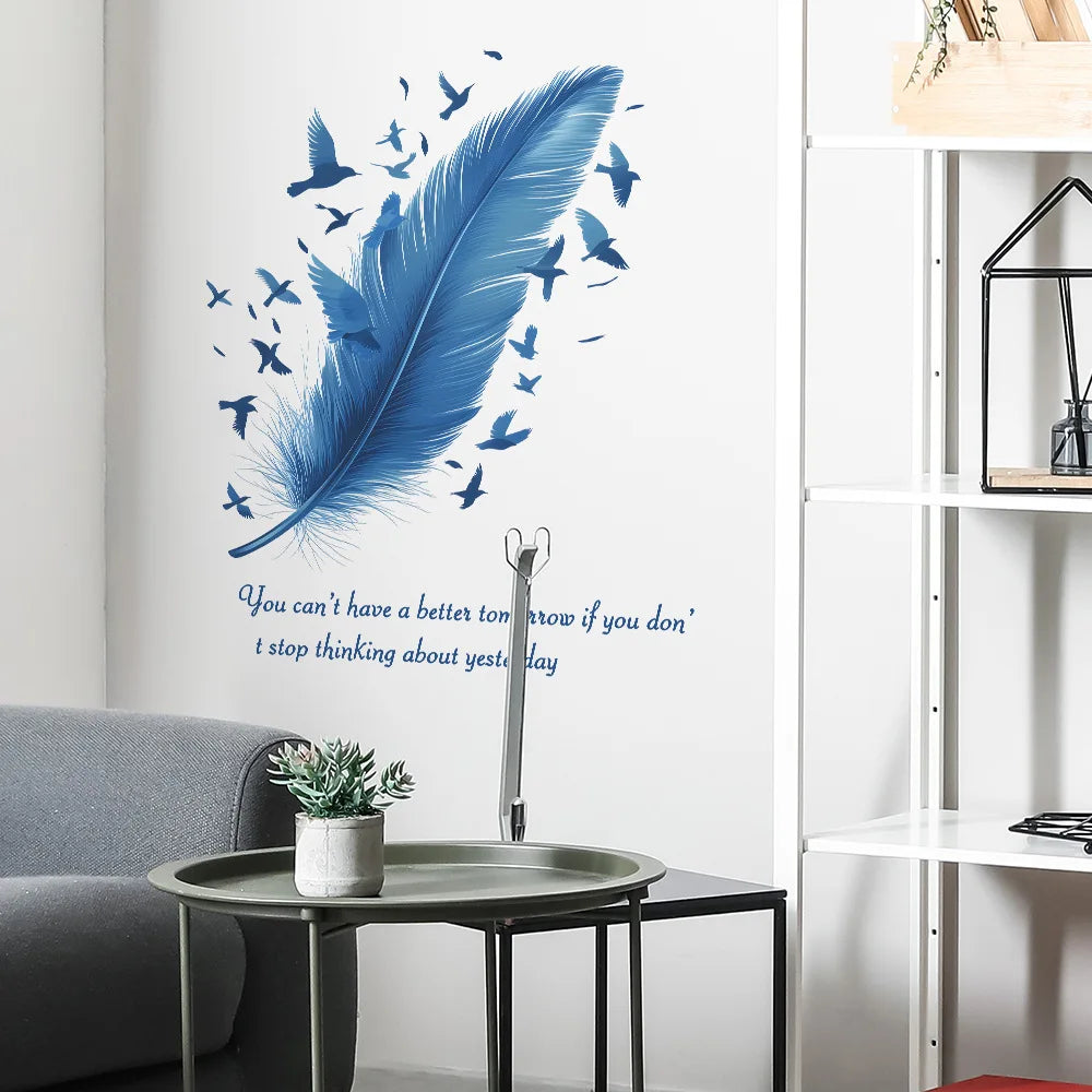 sticker mural moderne plumes oiseaux volant bleu adhésif résistant eau dimension 65x53 cm chambre