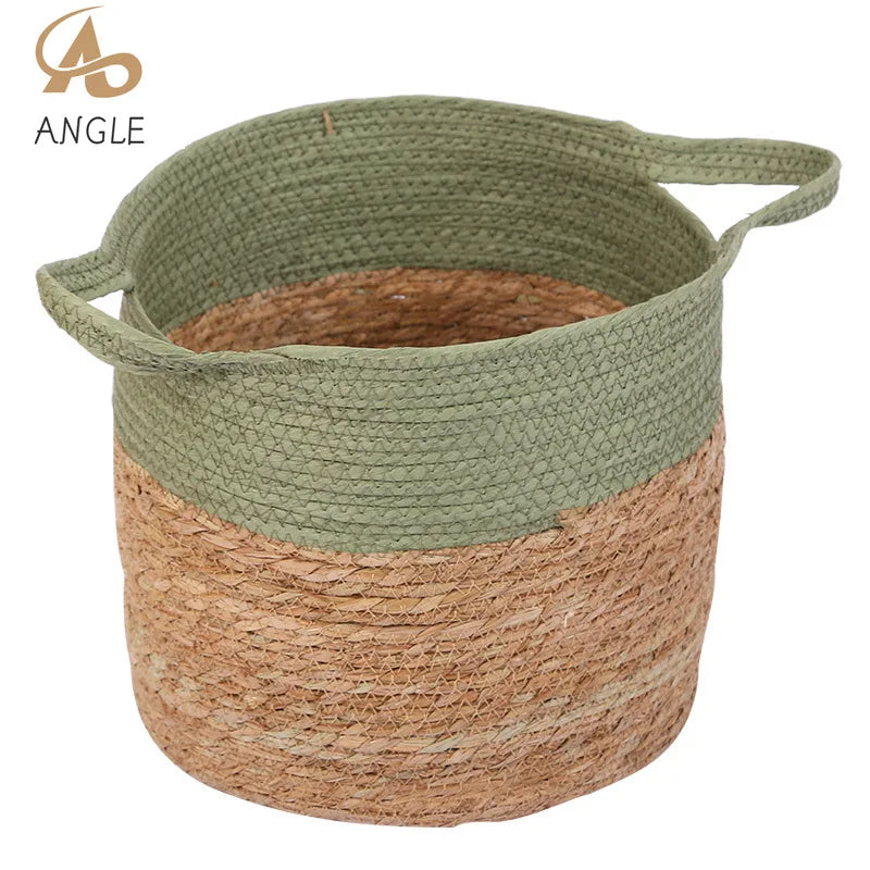 panier tissé main fibre naturelle vert clair beige rustique réutilisable respectueux environnement pliable rangement