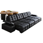 canapé d'angle moderne cuir noir boutons carrés coussins reposé pieds multifonctionnel
