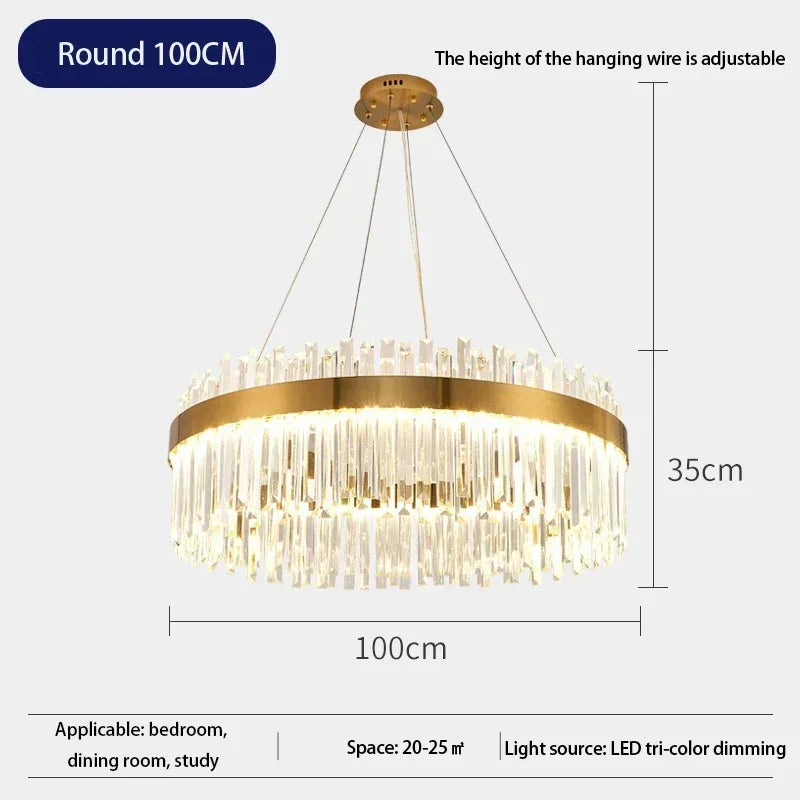 suspension lumineuse moderne dorée cristal chrome poli led télécommande transparente chambre salon