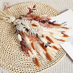bouquet fleurs séchées naturelles blanches oranges brunes plumes feuilles anniversaire mariage decoration