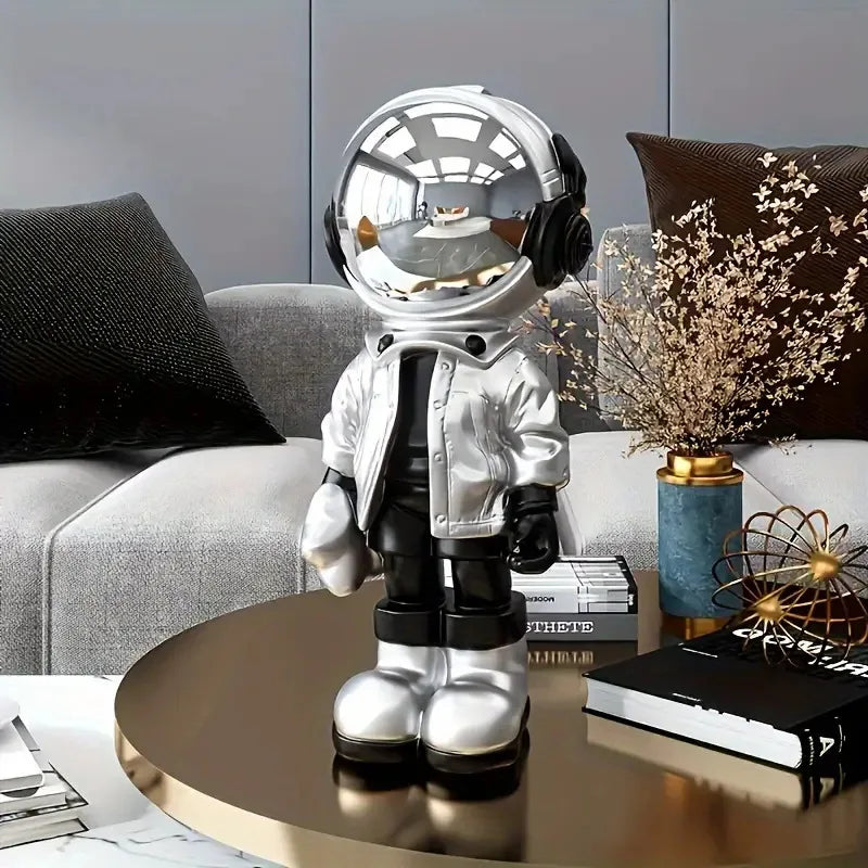 figurine astronaute argent bleu orange moderne pop art veste brillante bottes lisses étoiles dorées