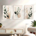 tableaux abstraits bohèmes feuilles vertes moderne minimaliste sans cadre vert beige marron doré blanc