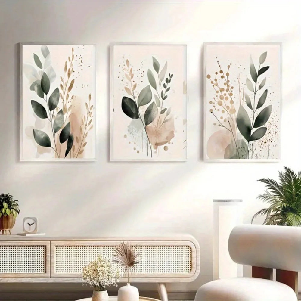 tableaux abstraits bohèmes feuilles vertes moderne minimaliste sans cadre vert beige marron doré blanc