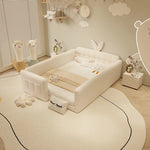 lit convertible moderne bois texture cuir beige clair coussins oreillers chambre coucher