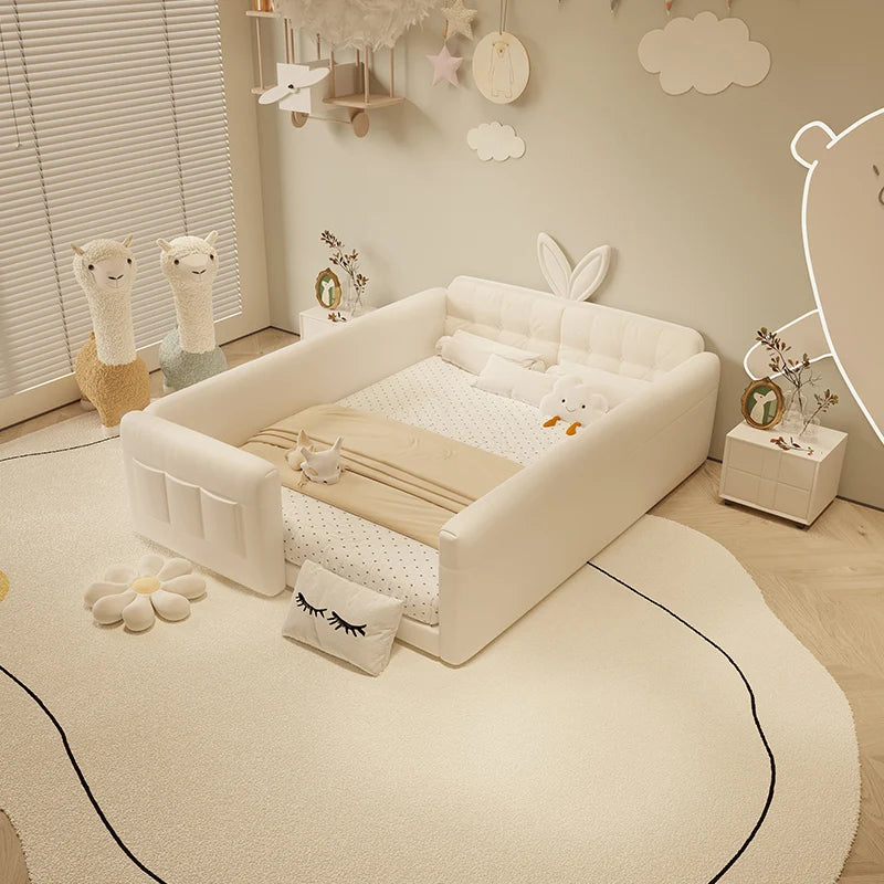 lit convertible moderne bois texture cuir beige clair coussins oreillers chambre coucher