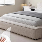 lit moderne bois tissu lin beige oreillers blancs draps gris blancs 188cm 218cm 246cm