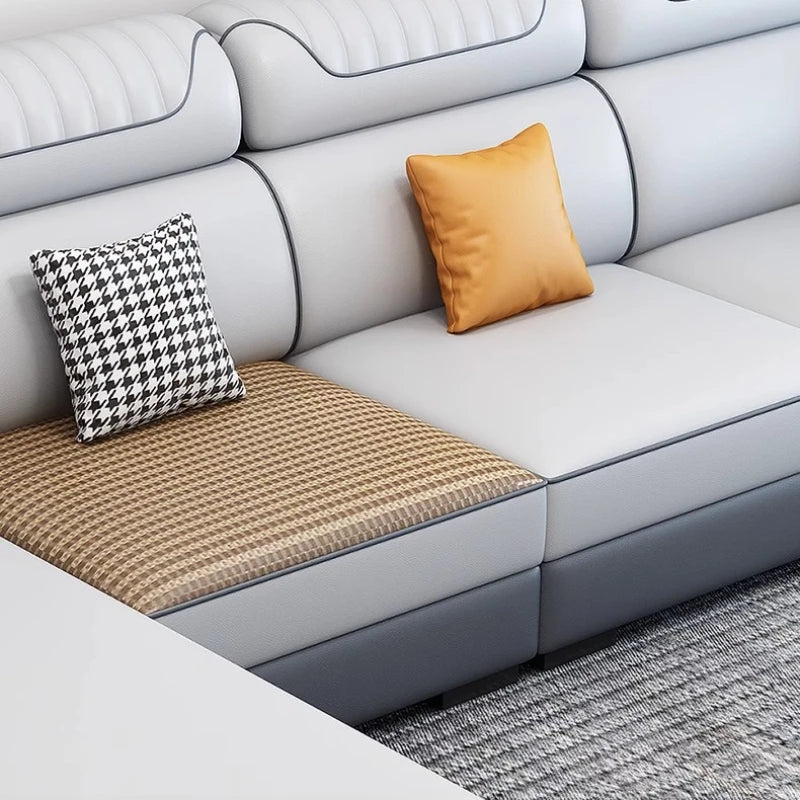 canapé d'angle moderne gris clair gris foncé beige noir tissu rayures géométrique coussins