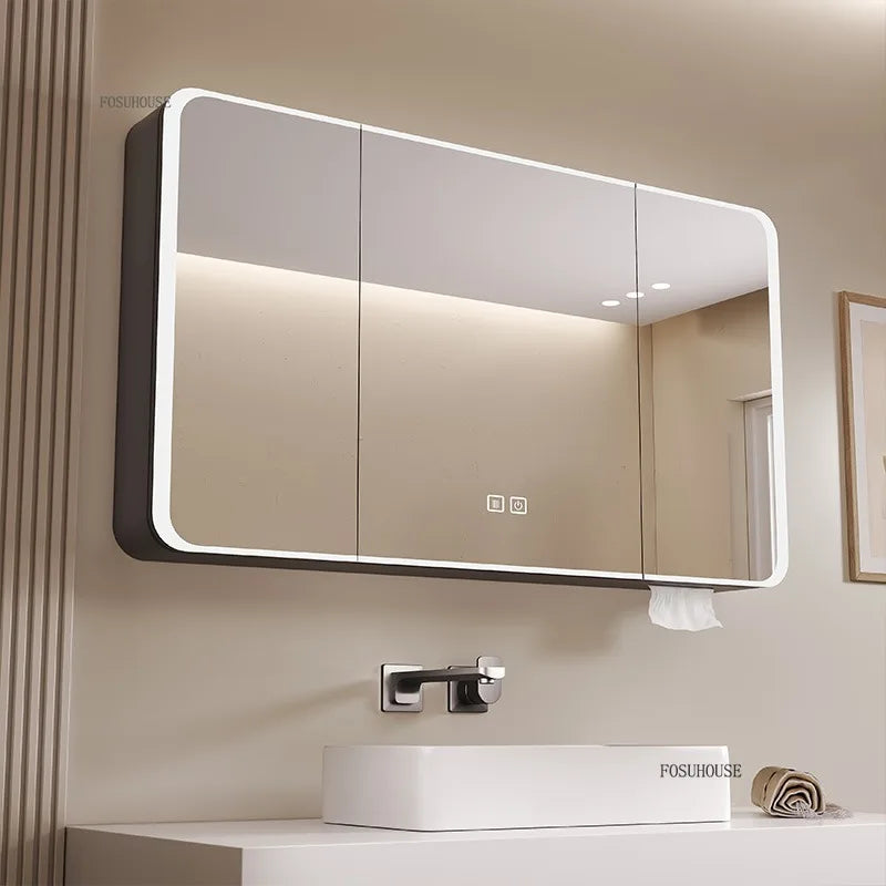 armoire salle bain murale miroir led rangement porte coulissante moderne blanc gris