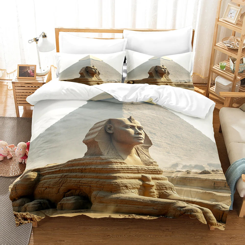 couverture lit sphinx égyptien blanc beige statue pierre moderne oreillettes setSizeTwinFullQueenKing