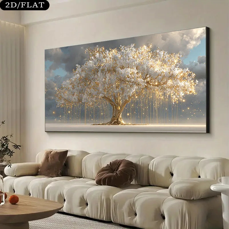 tableau moderne toile abstraite arbre doré branches nuages salon chambre