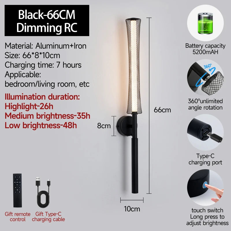lampe murale rechargeable or noir maille métallique moderne interrupteur tactile câble usb télécommande 66cm