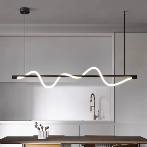 luminaire suspension moderne noir doré blanc ligne ondulée lumineuse salon salle manger intérieur
