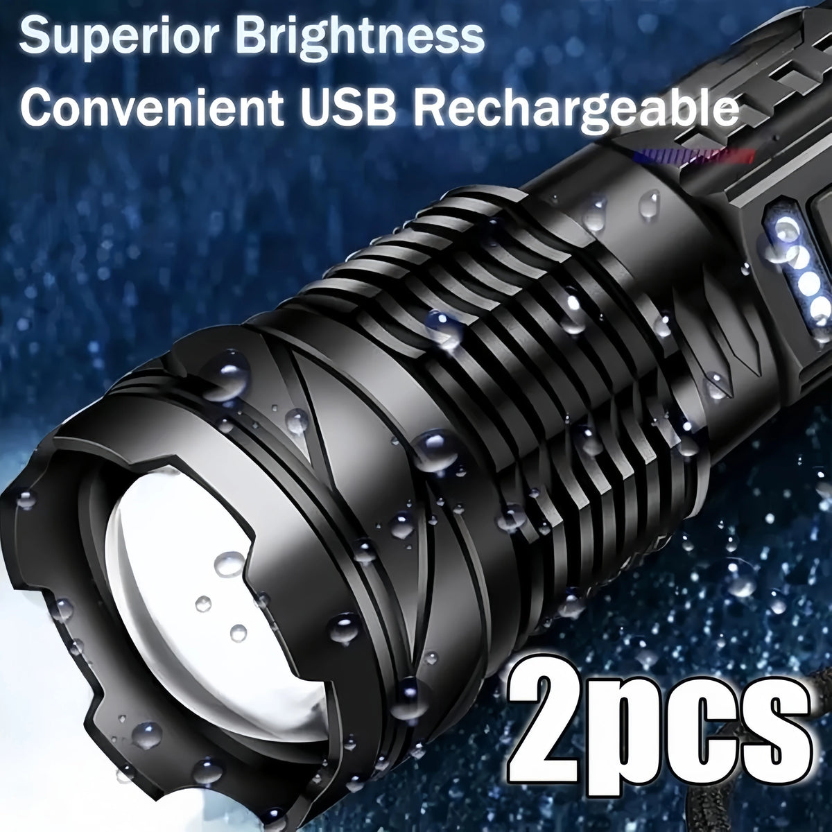 torches tactiques rechargeables led noires mode zoom lumière usb côté