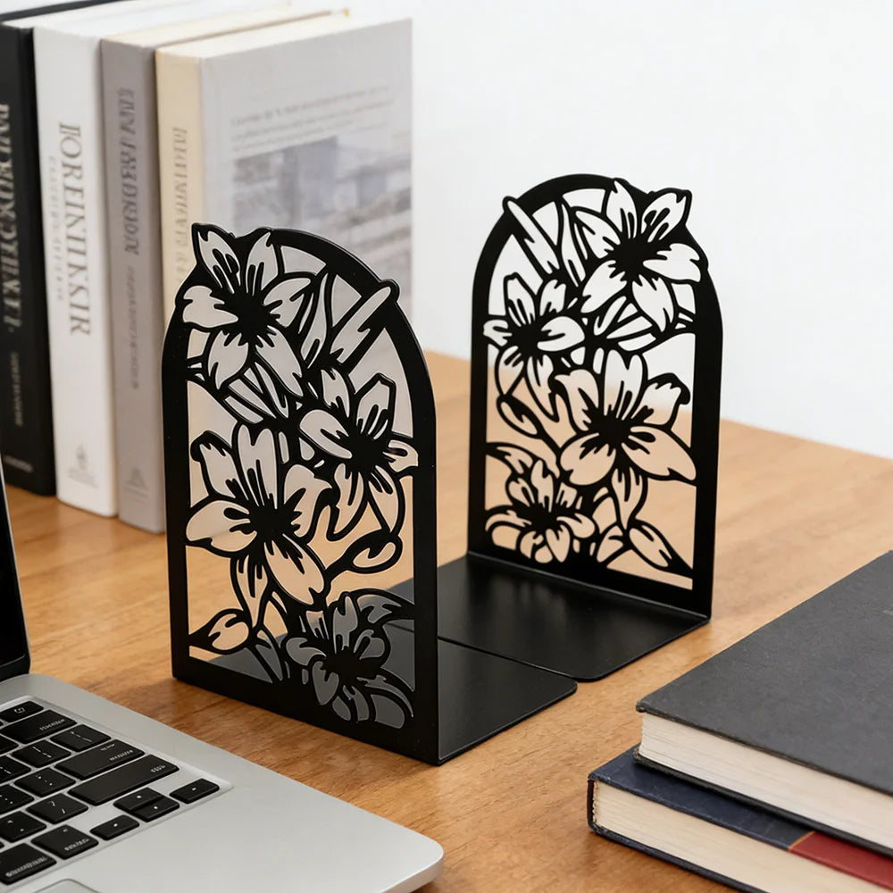 supports livres métal motif floral moderne décoration noir blanc fleurs