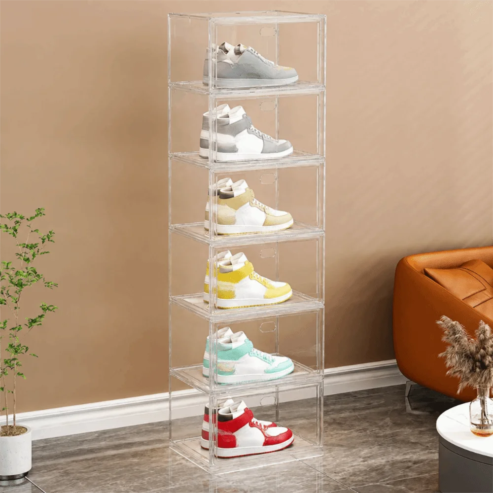 boîtes rangement chaussures transparentes modernes minimalistes empilables sans fixation vue claire sélection facile organisation