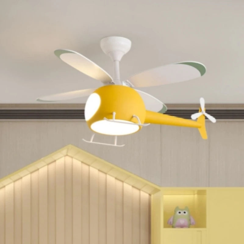 ventilateur lampe intégrée hélicoptère bleu blanc jaune moderne télécommande led enfants chambre salon