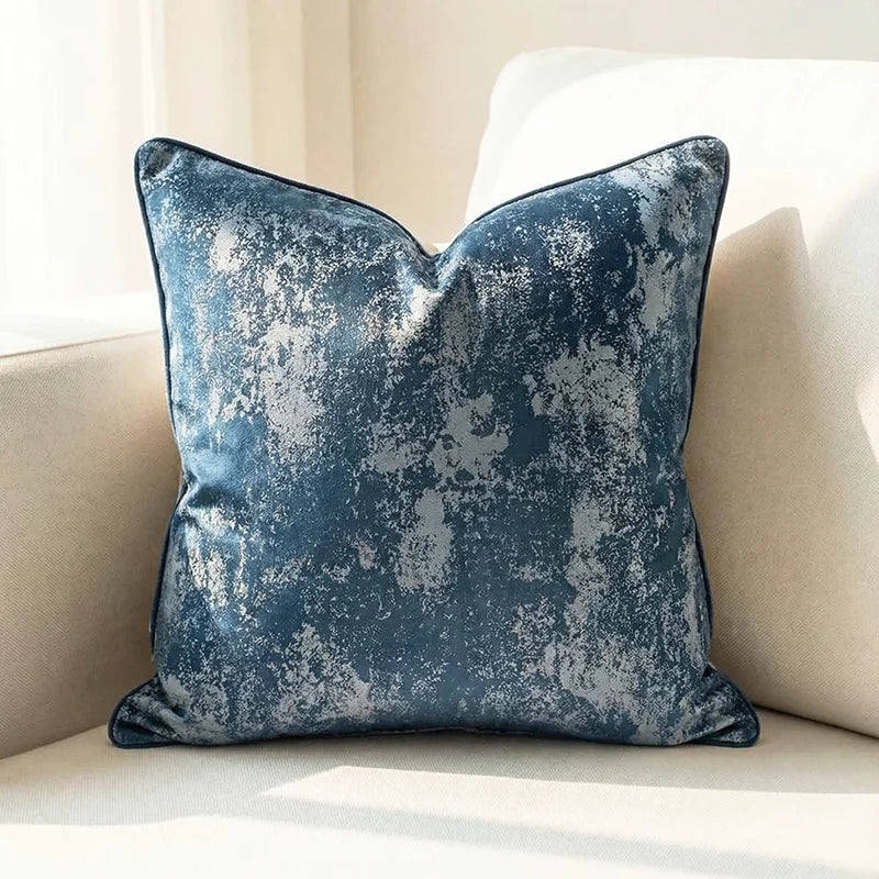 coussin carré jacquard géométrique contemporain beige gris bleu doré polyester 45x45cm