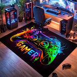 tapis gamer graphique moderne noir multicolore manettes jeu salon chambre