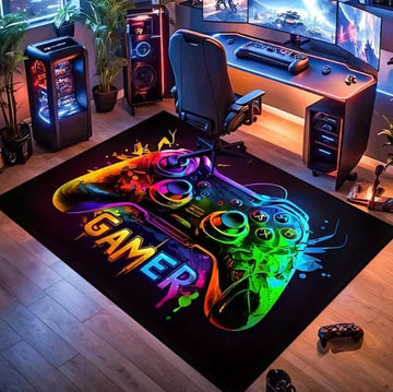 tapis gamer graphique moderne noir multicolore manettes jeu salon chambre