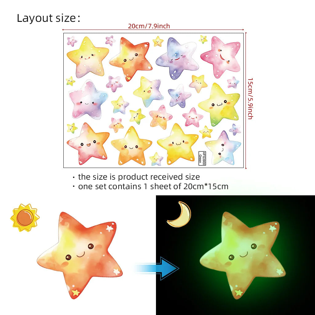 sticker lumineux étoiles multicolores cartoon souriant adhésif décoration chambre enfant nuit simple pvc fluorescent