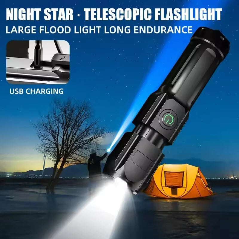 lampe torche télescopique rechargeable usb 10w 350 lumens moderne noire 100mètres étanche
