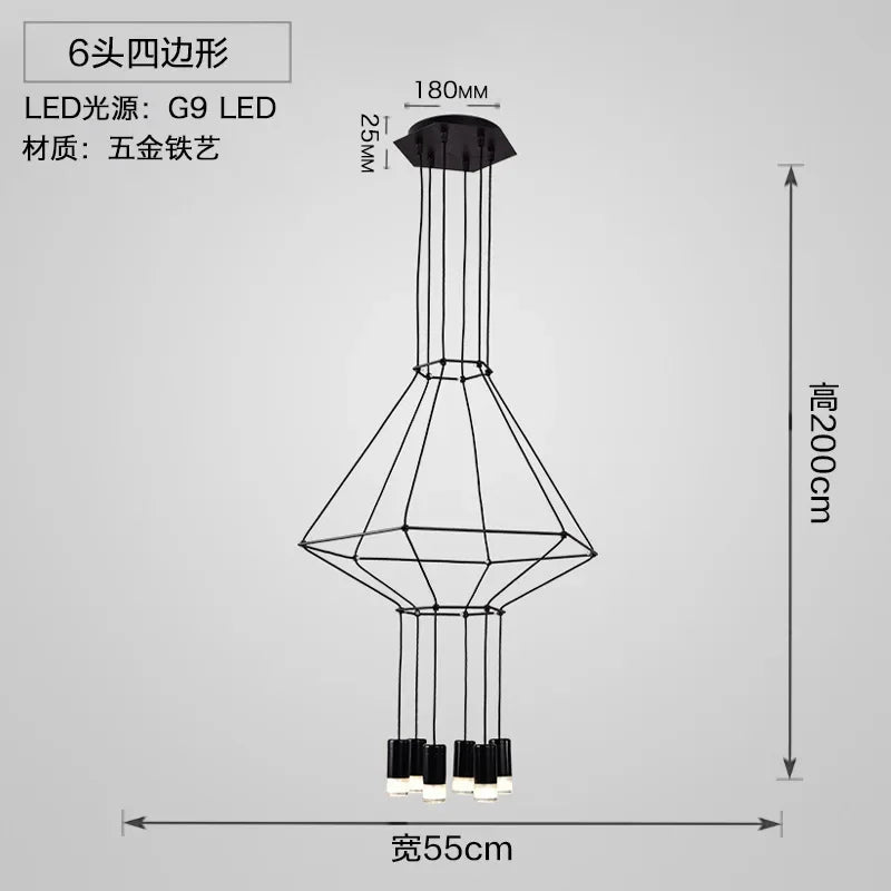 suspension lumineuse moderne fer noir structure géométrique interrupteur bouton éclairage intérieur minimaliste