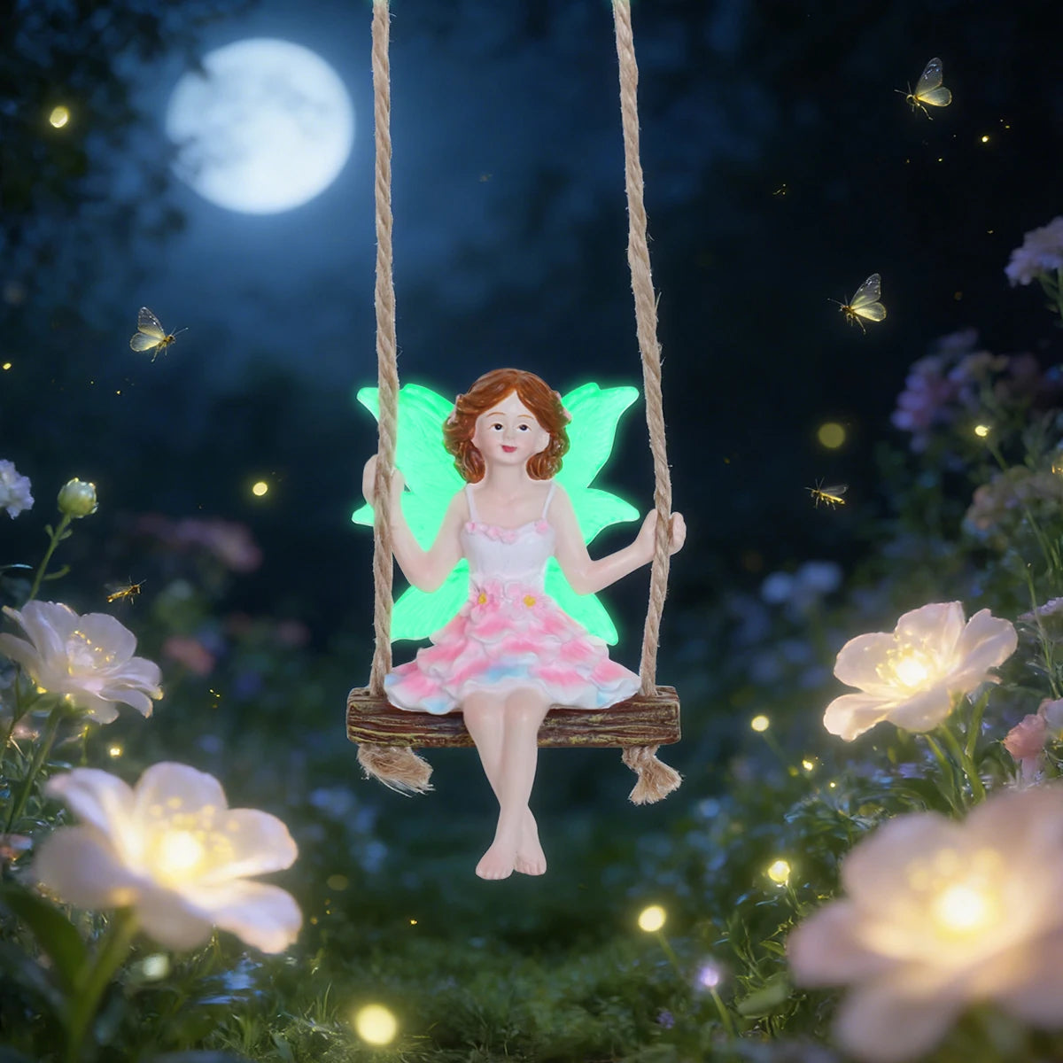 figurine fée rose ailes translucides balançoire bois miniature fantaisieextérieur jardincadeau fantaisiste volants ondulés