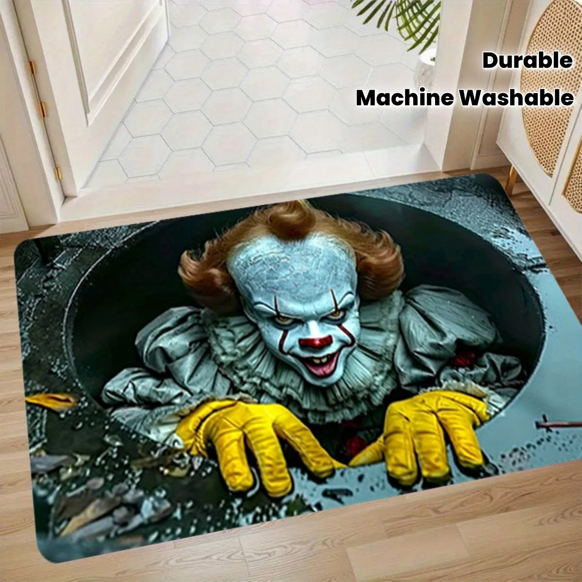 tapis sol extérieur halloween clown mains jaunes bleu gris noir résistant decoration porte chambre
