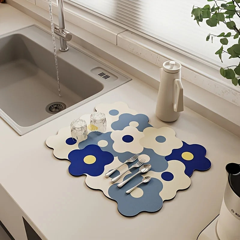 tapis table moderne fleurs stylisées motifs géométriques bleu blanc jaune vert orange rose gris