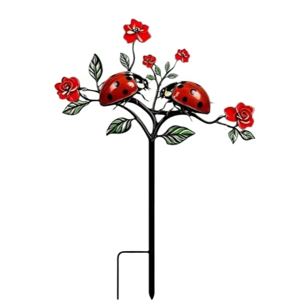 sculpture jardin moderne motifs fleurs insectes stylisés rouge noir vert blancextérieur decoration amusante fait