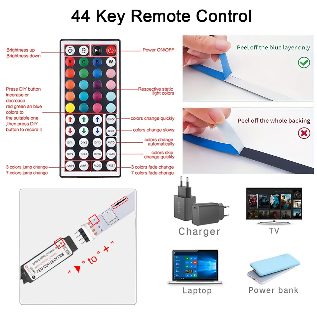 ruban led rgb multicolore moderne télécommande adhésif chargeur usb chambre