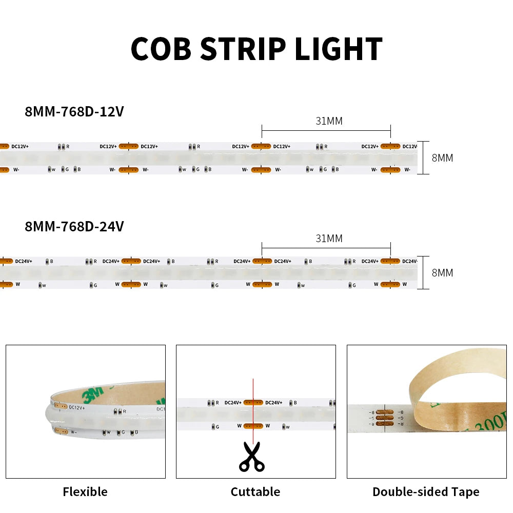 ruban led cob rgbw 12v 24v 768 leds flexible moderne adhésif haute densité