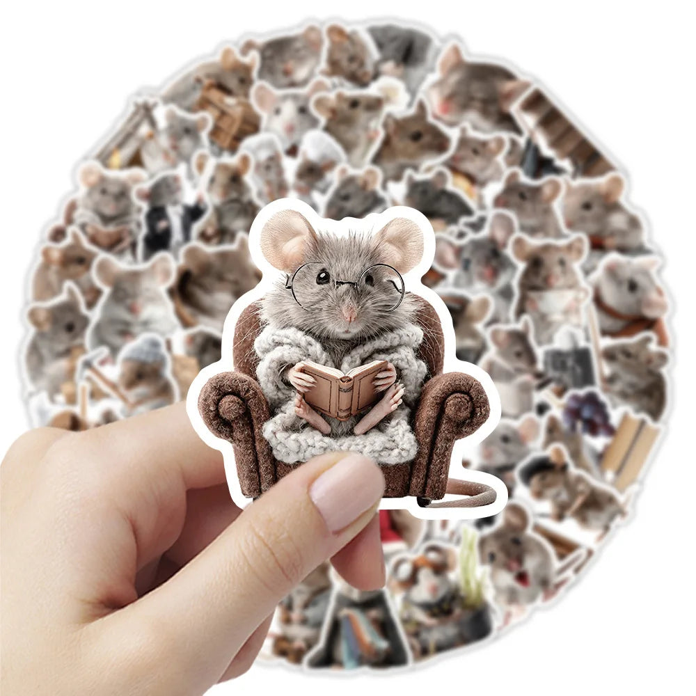 autocollants souris poses vêtements objets divers illustration adhésif gris beige blanc marron vert bleu