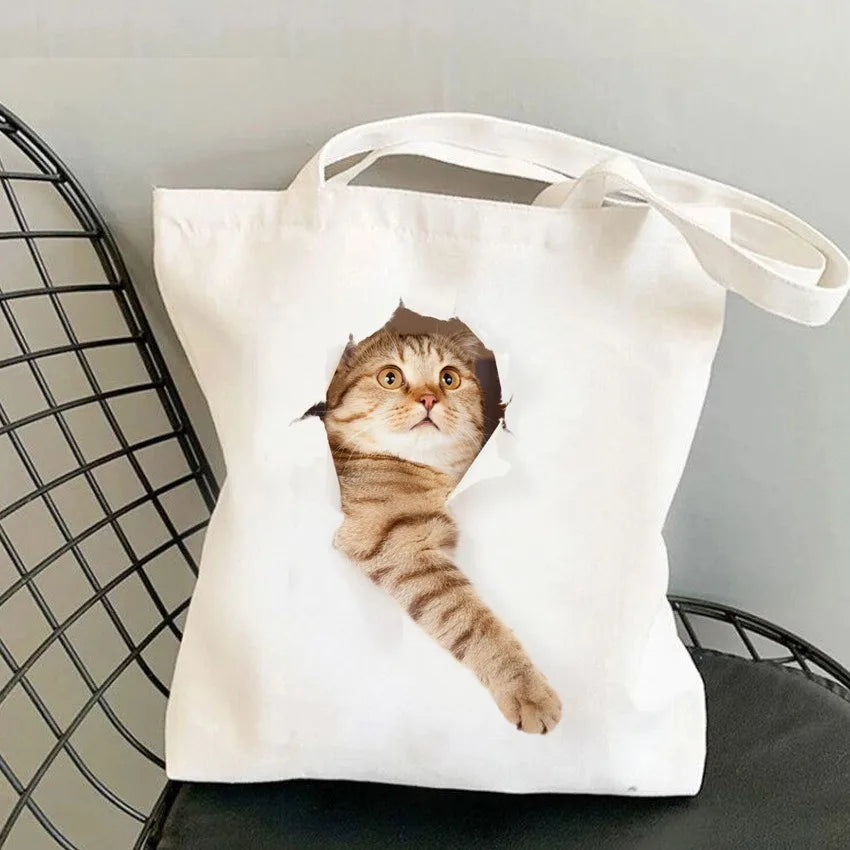 sac bandoulière toile imprimé chats blancs moderne décontracté sans fermeture éclair deux poignées détachables
