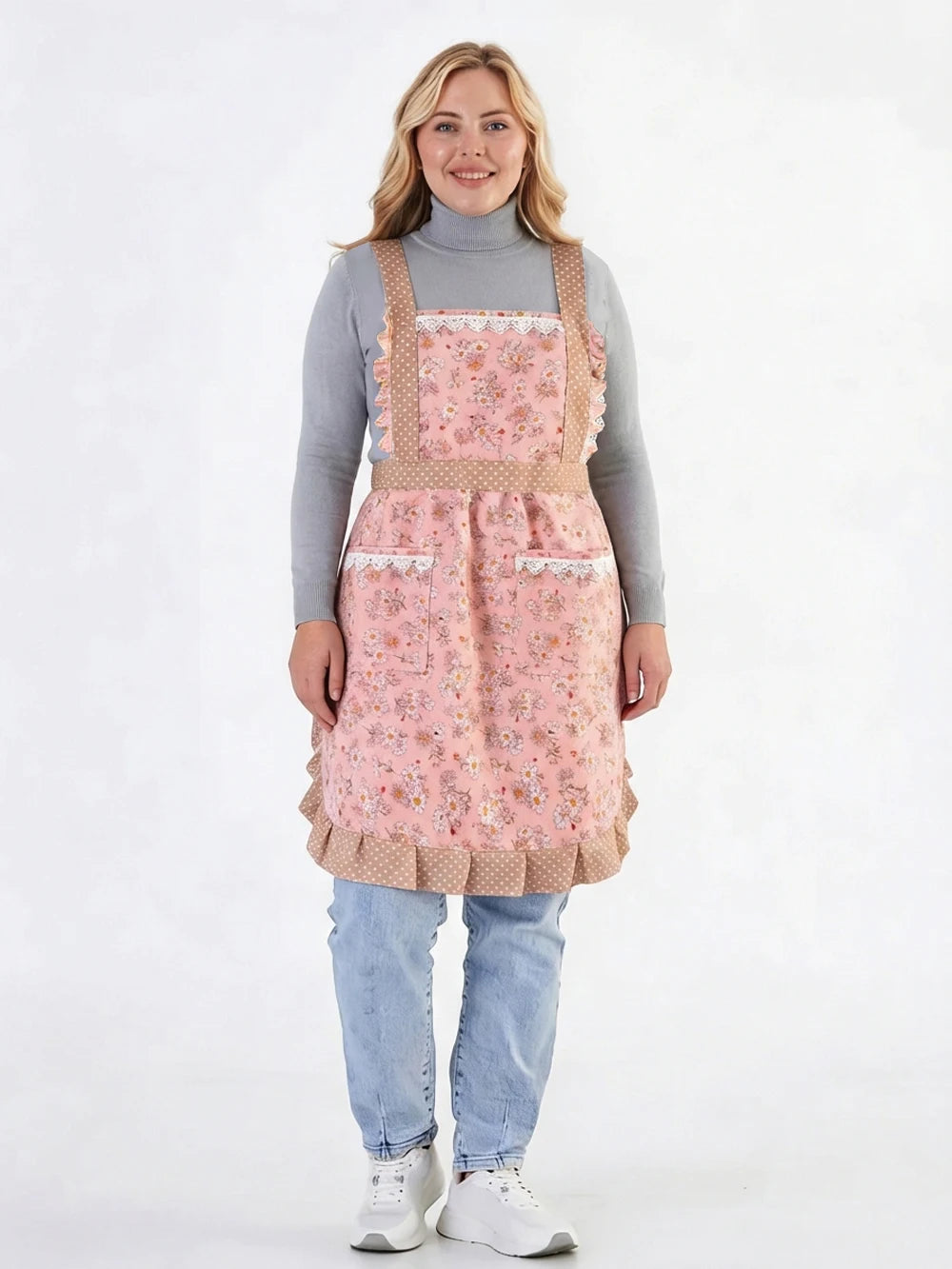 tablier cuisine toile fleurs petite pois gris rose vintage ajustable femmes