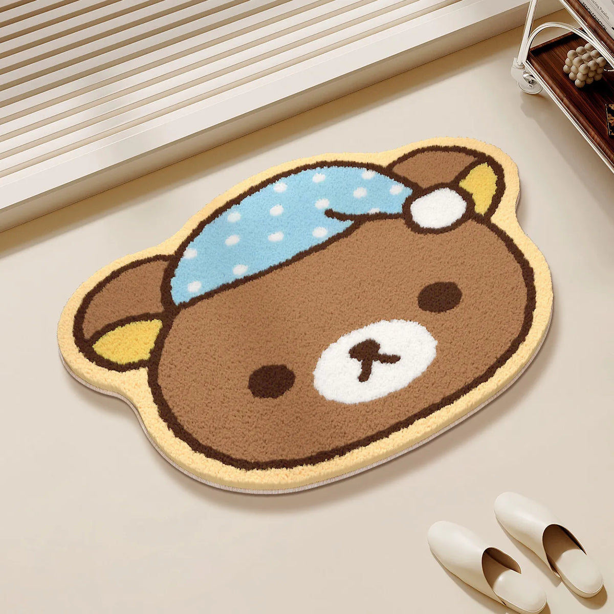 tapis sol marron blanc noir rose bleu bébé ours chapeau pois herringbone cartoon chambre