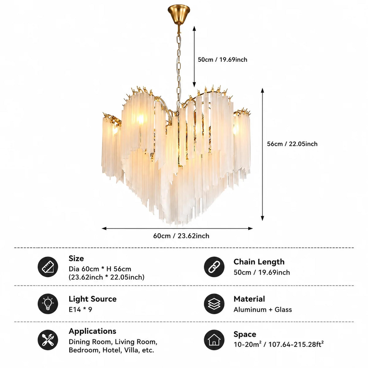 chandelier moderne or opalescent lumière blanche chaîne suspension élégante chambre salon