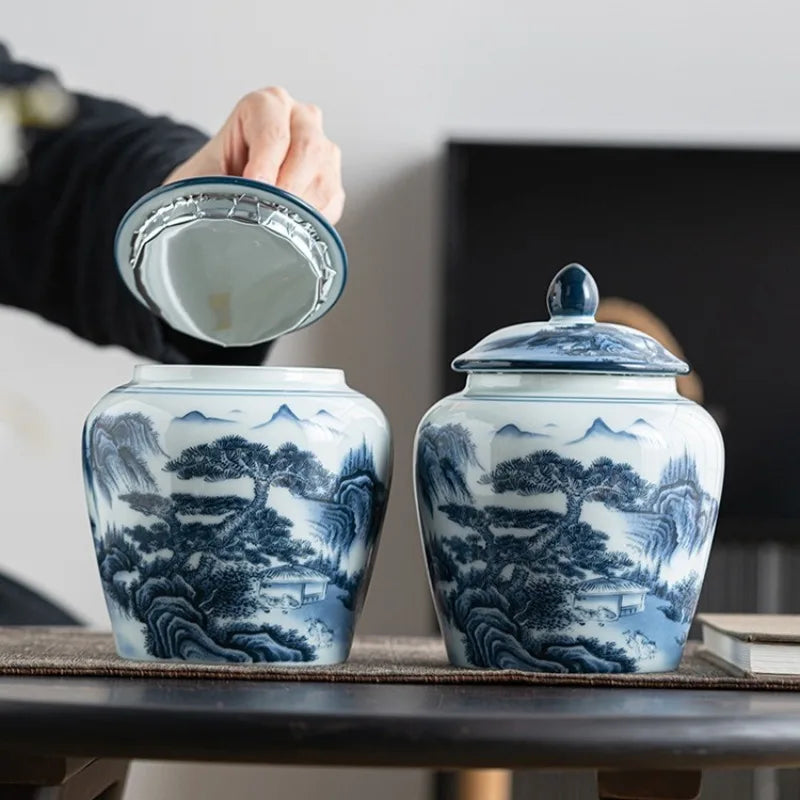 pot thé céramique blanc bleu paysage chinois couvercle fleurs montagnes arbre traditionnel