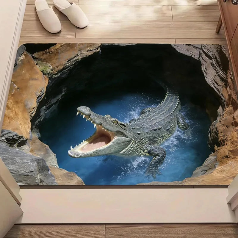 tapis sol 3d moderne bleu gris crocodile grotte eau antidérapant résistant extérieur 40x60cm