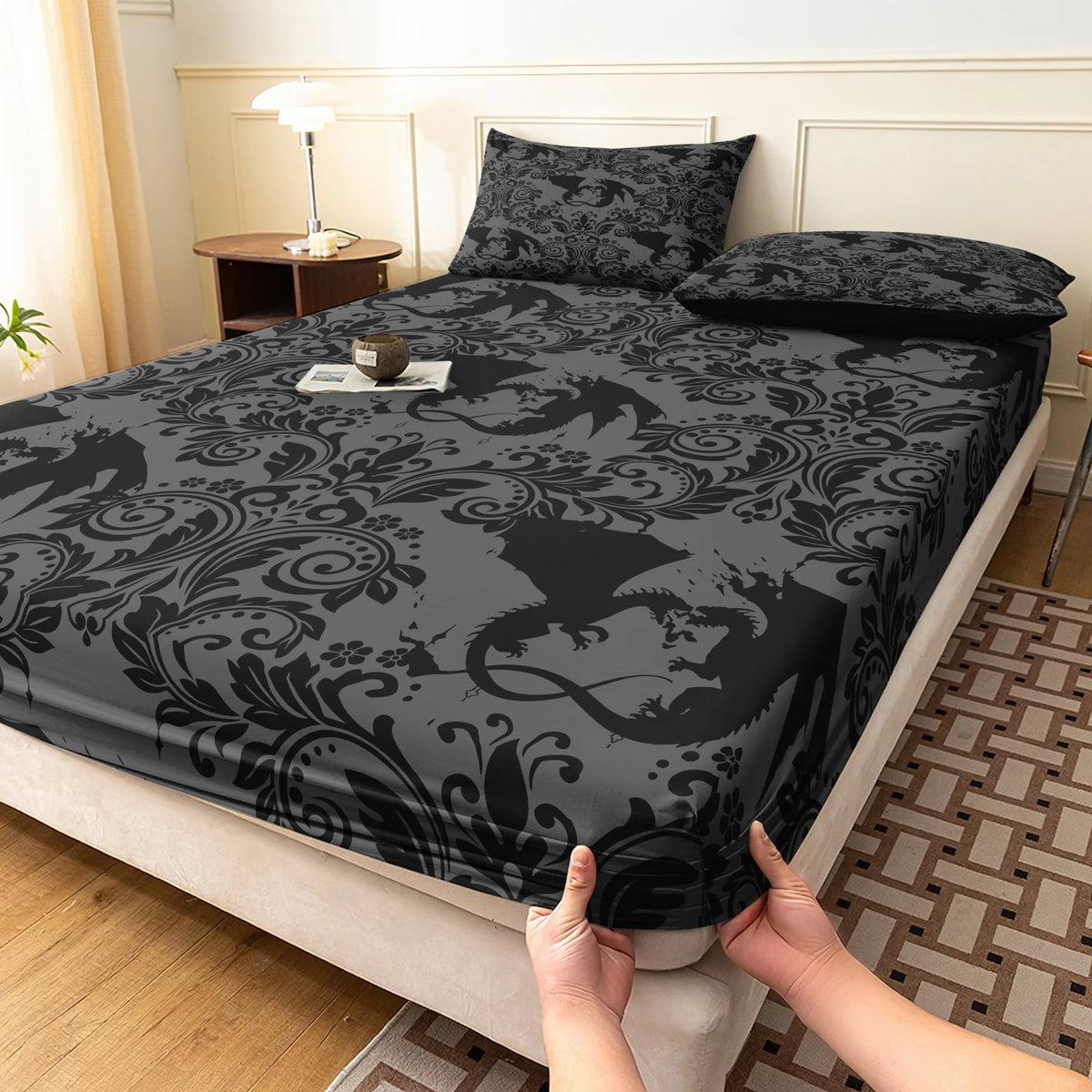 draps plats taies oreillers motif dragons noir classique imprimé gothique lit