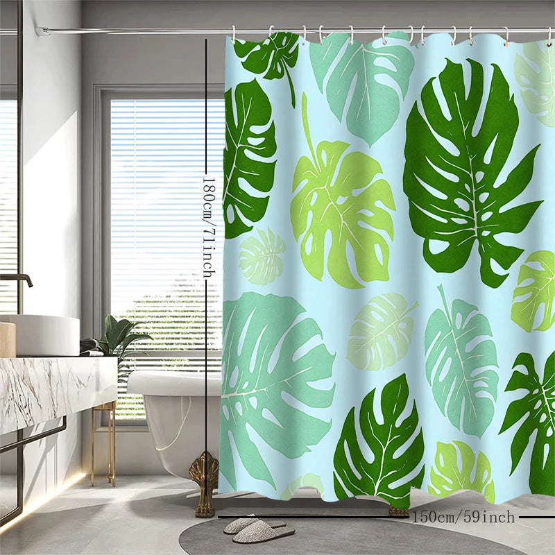 rideau douche feuilles tropicales vert bleu clair moderne anneaux suspension polyester opaque