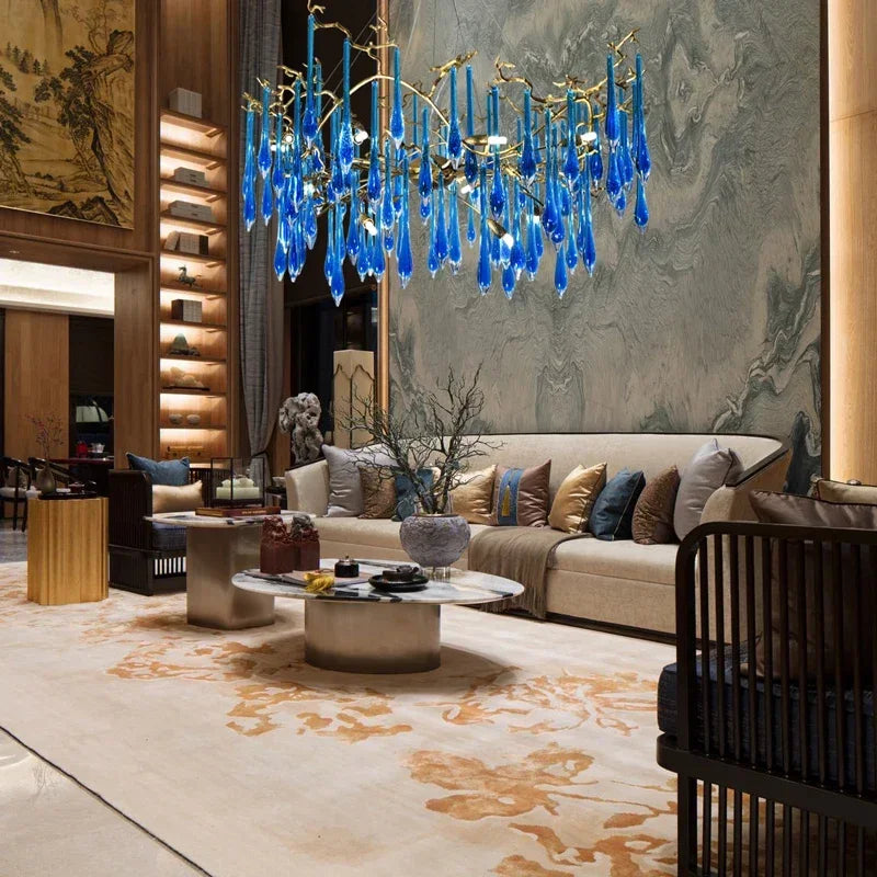 lustre contemporain élégant gouttes cristal bleu doré opalescent led salon chambre