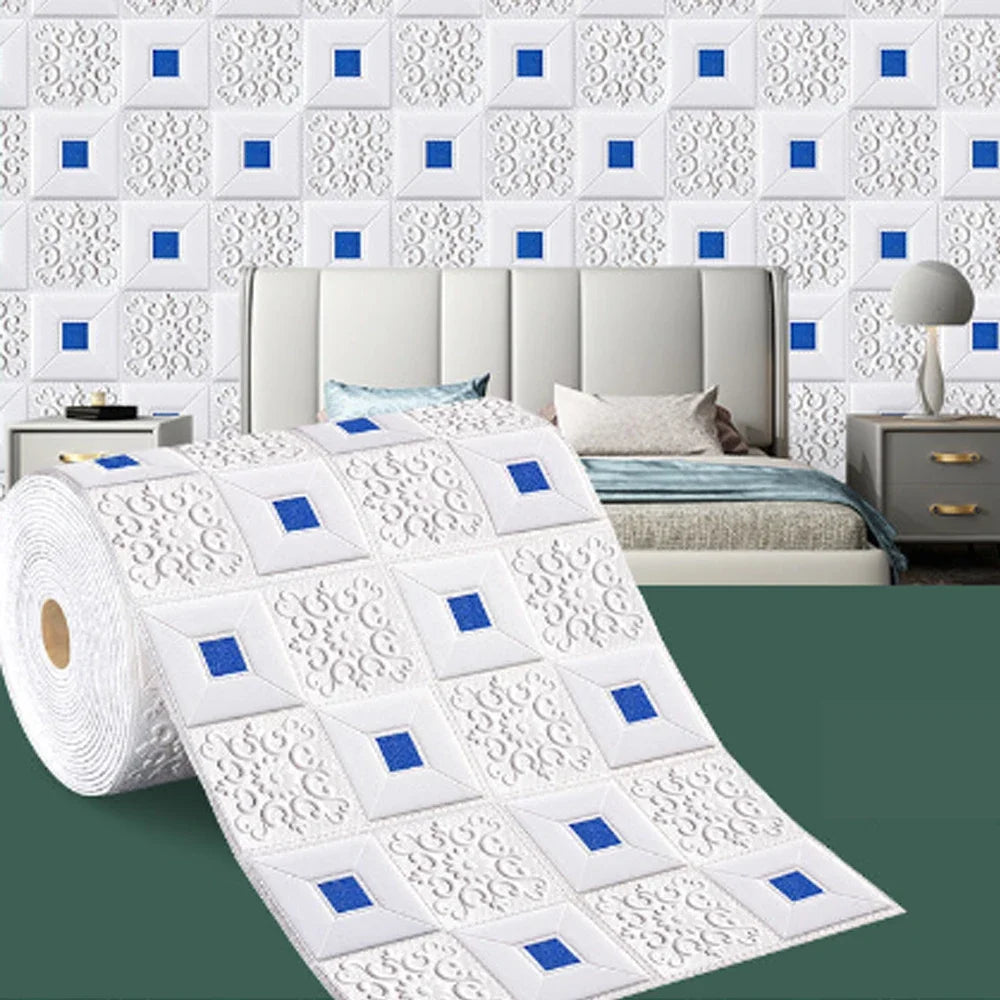 panneau décoratif mural adhésif blanc motif géométrique carrés dorés moderne élégant salon chambre