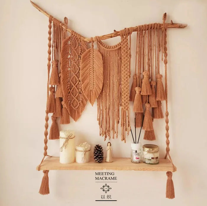 macramé boho chic étagère suspendue franges feuilles noeuds plantes vert gris bleu marron rose