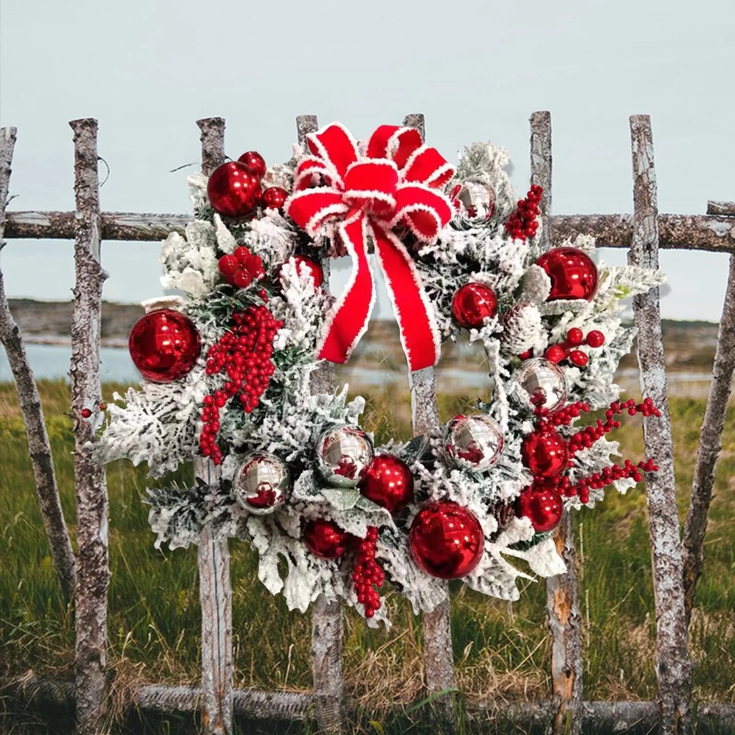 Détail des ornements rouges et cônes sur la couronne de Noël