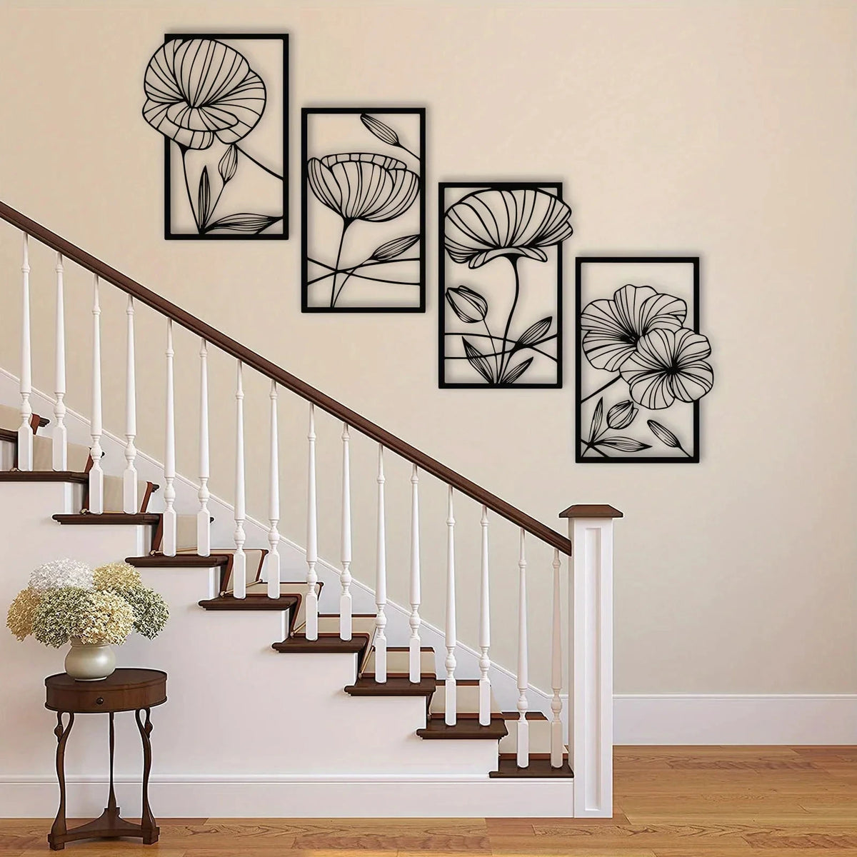 décoration murale tableau noir blanc fleurs stylisées moderne adhésif métal suspendu minimaliste chambre salon