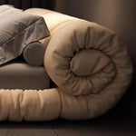 lit moderne minimaliste bois beige gris velours tissu uni chambre double king sizeSuspension