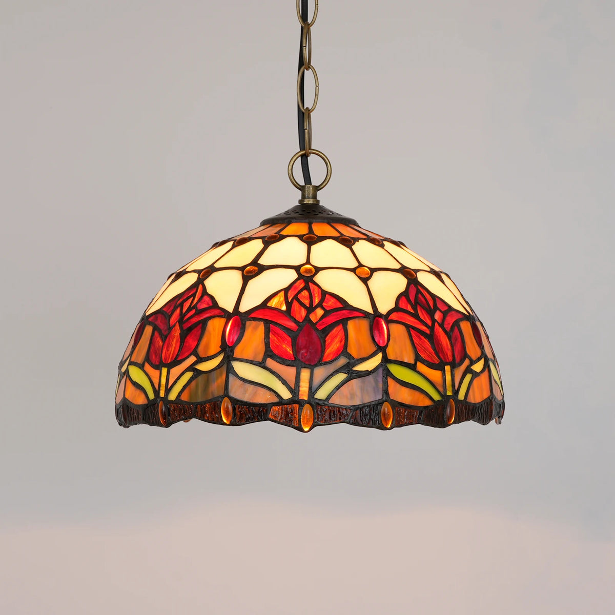 lampe suspendue tiffany fleurs stylisées multicolore rouge orange jaune vert noir adjustable chambre cuisine